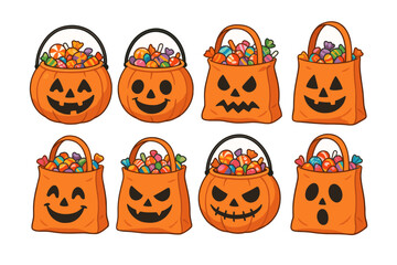Halloween candy bag icon set. Trick or treat vector set. Pumpkin and bag containers with colorful candy.