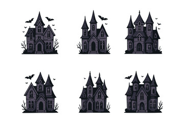 Obraz premium Haunted house icon set. Spooky mansion vector set. Gothic buildings with bats for Halloween.