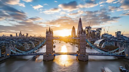 Bridge spanning serene river at dawn, symbolizing new beginnings and endless possibilities, featuring solitary boat drifting across calm waters, perfect for marketing campaigns promoting.