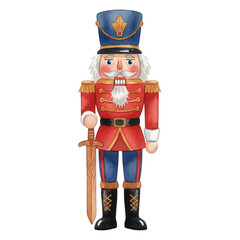 Naklejka premium Traditional wooden nutcracker soldier character in vibrant colors, detailed attire, and holding a sword against a dark background