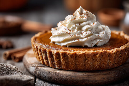 Pumpkin pie topped with whipped cream.