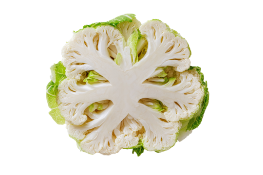 Close-up of a cauliflower floret cross-section.  Fresh,  pale yellow-white florets radiating outward from a central core, surrounded by bright lime-green leaves