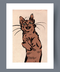 Vintage ink feline, Antiqueinspired ink drawing of playful cat
