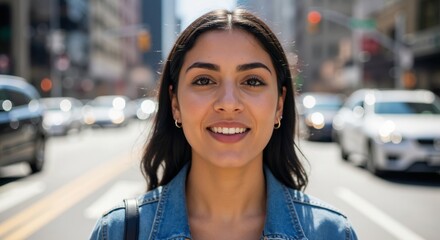 Portrait of a happy young woman smiling on a busy city street. Confident female looking at the camera with a blurred urban background. Modern city lifestyle