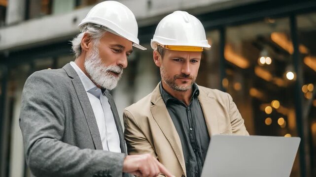 Construction Team Collaboration: Two experienced construction professionals in safety helmets intently review a laptop screen, deep in conversation about the project.