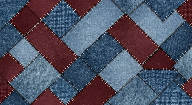 Rustic textile collage showcasing a harmonious blend of blue fabric and deep red leather-like patches meticulously stitched together in a diagonal
