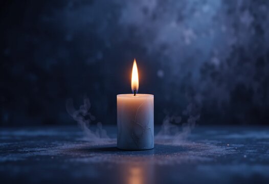 Lit candle glowing in a dark, mysterious setting with soft smoke around its base, creating a peaceful and contemplative atmosphere