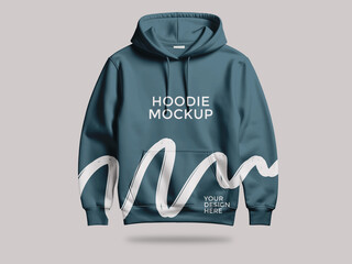 Teal hooded sweatshirt mockup with white abstract wave design