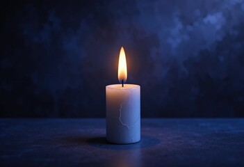 Single white pillar candle burning with a warm flame on a dark surface, creating a peaceful and solemn atmosphere with copy space