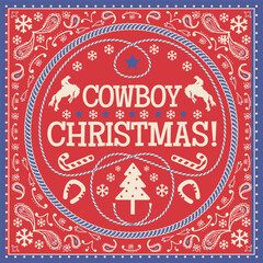 Western Christmas vector illustration with cowboy riding wild horse silhouette with the cheerful phrase &ldquo;Cowboy Christmas!&rdquo; in American cowboy bandana frame