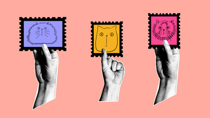 Vintage collage with hands holding doodle cats postage stamps. Retro aesthetic design.