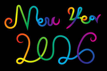 Gradient Ribbon Pattern. Glowing neon New Year 2026 on black background for new year celebration.Vector Rainbow Lines Graphic 