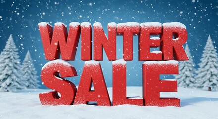 Festive winter sale announcement with falling snow and pine tree background