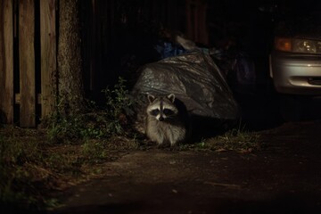 raccoons foraging for food and raiding trash bags in a dark suburban driveway or residential backyard at night