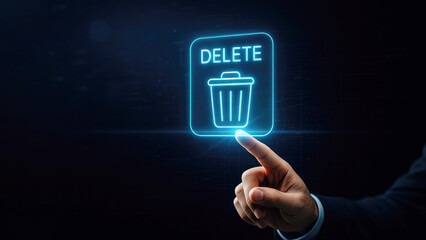 Finger touching a glowing delete icon with a trash can symbol on a dark background garbage remove