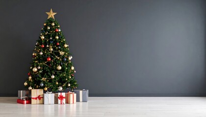 Christmas Tree with Presents Minimalist Holiday Composition, Gray Wall Background, Gold Star, Red and Gold Ornaments Christmas Decor, Holiday Season