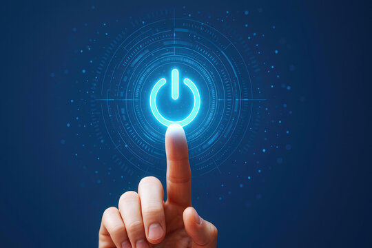 Finger touching a glowing blue power button icon with digital circuit background technology - Powered by Adobe