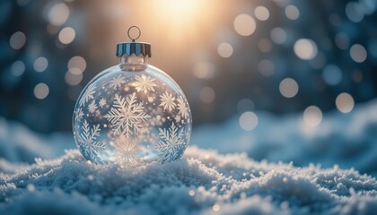 Clear glass christmas ornament with snowflake design resting in fresh snow against a warm bokeh background