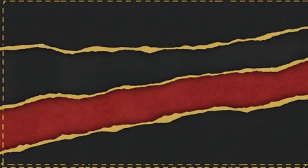 Dynamic abstract background featuring dark textured surface with a jagged tear revealing a rich crimson layer, elegantly framed by golden dashed lines