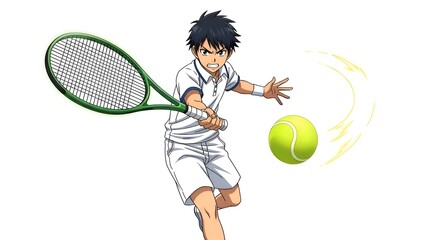 Anime Tennis Player Hitting Ball with Racket.