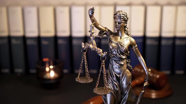 Themis goddes of justice and law with judge gavel mallet and books unfocuseds in background , video footage