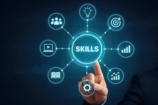 Finger touching digital screen displaying skills hub with icons for learning and growth development education - Powered by Adobe