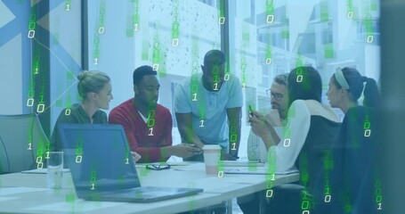 Lead leaning over table pointing docs, team showing phone, reviewing business plan under green code - Powered by Adobe