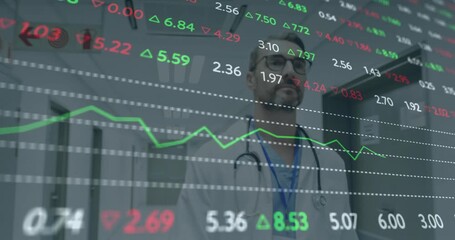 Numeric overlay appearing physician walking corridor checking tablet and tracking charts for health - Powered by Adobe