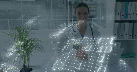 Female doctor holding small card initiating holographic binary grid visualizing patient data - Powered by Adobe