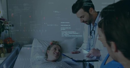 Dr leaning, patient smiling, dr noting care on clipboard while digital overlay showing medical data - Powered by Adobe