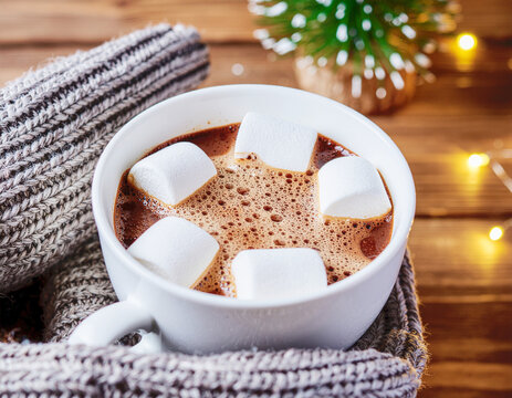 Hot cocoa with marshmallows, macro shot. AI