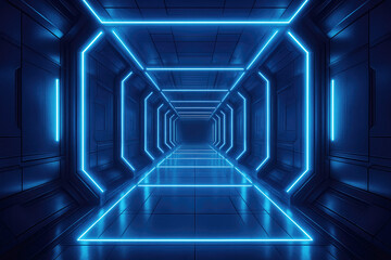 Futuristic blue neon light tunnel corridor with geometric patterns and reflective floor sci-fi science fiction