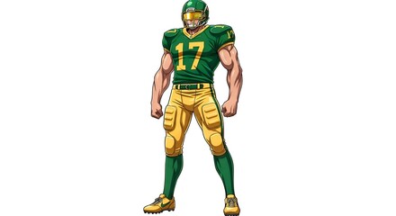 Cartoon Football Player in Green and Gold Uniform.