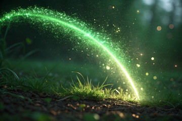 A curve of sparkling green light. A semicircle. A ray. A beam. A black background. Sparkle. A line.