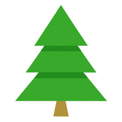 Simple green stylized christmas tree with brown trunk on white background