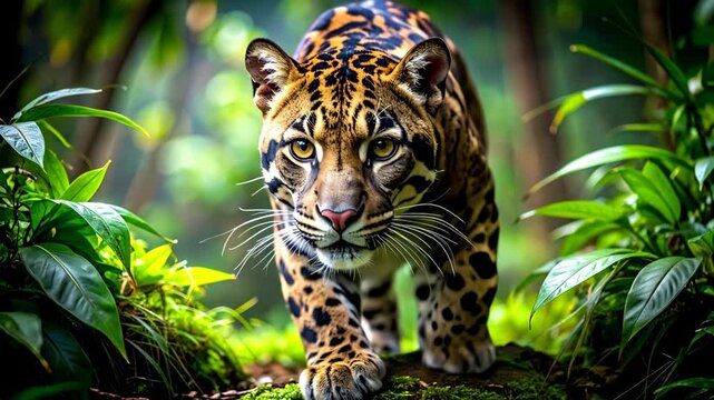 Clouded Leopard Stalking Through Lush Green Jungle Undergrowth, Intense Gaze, Wild Predator in Natural Habitat.