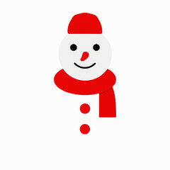 Cute cartoon snowman with red hat and scarf on white background