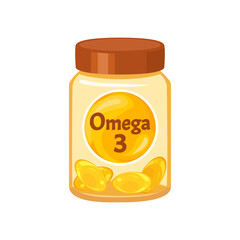 Omega-3 supplement in bottle. Yellow soft gel capsules. Vector cartoon flat illustration.