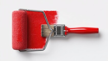 Red roller, brush, painted streak on white. Tools for paint application seen above