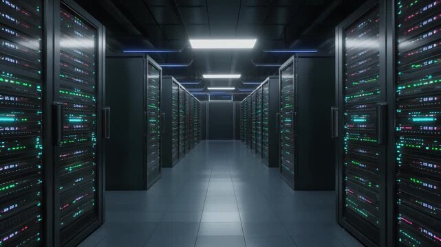 Big data center server racks glowing LED lights futuristic technology digital infrastructure network connectivity high tech computing modern IT environment secure data storage - Powered by Adobe