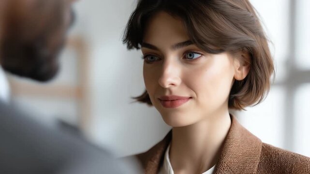 Dialogue of Understanding: A portrait of poised young woman, engaged in an intimate conversation with another person. Her soft expression reflects attentiveness and empathy. 