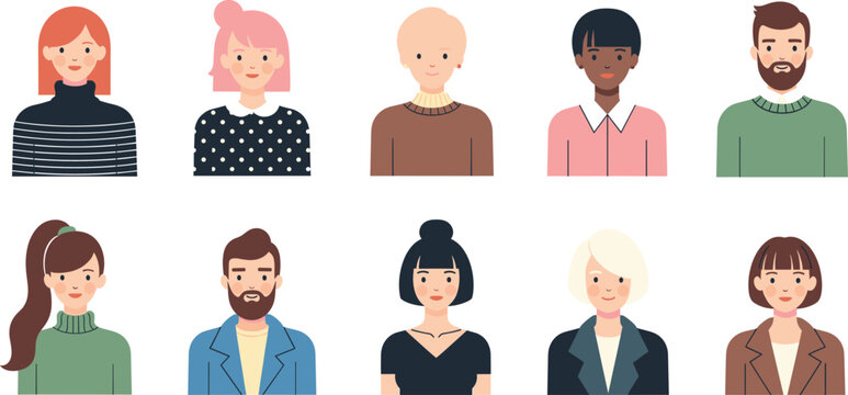 Diverse cartoon people avatars in various hairstyles and outfits, modern character portraits set, flat vector illustration for profiles, teamwork, and community themes