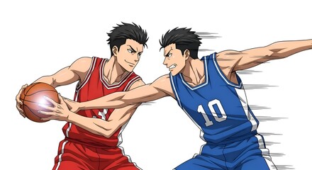Intense Basketball Duel - Red vs Blue Team.