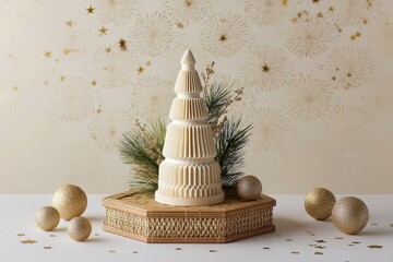 Stylized cream colored paper holiday decoration rests upon a woven hexagonal base surrounded by glittering gold ornaments