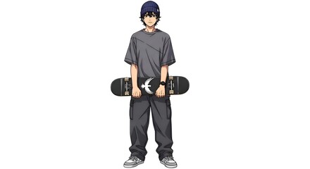 Teenage Skateboarder with Helmet and Board on White Background.