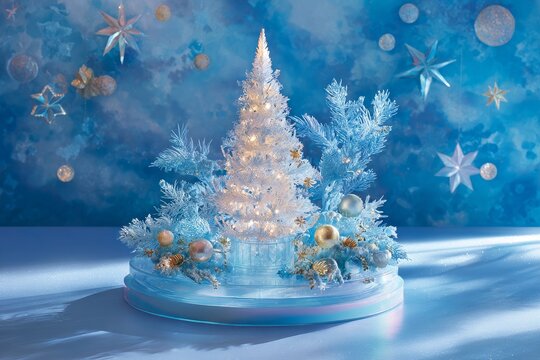 Illuminated white holiday tree setup displays icy blue winter decorations against a swirling backdrop