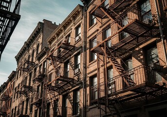Rusty fire escapes on old buildings