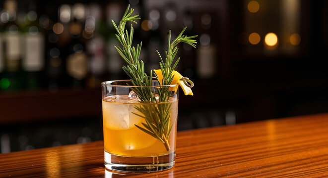 Cocktail with rosemary sprig and citrus peel on wooden bar  