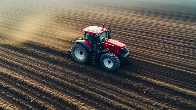 An aerial view shows a powerful red tractor plowing a field a cinematic look at modern farming technology agriculture and the start of the harvest season.