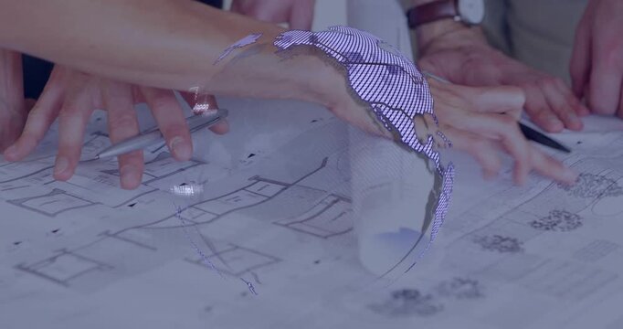 Unrolling plans sparking violet hologram rotating as team hands pointing and adjusting for design